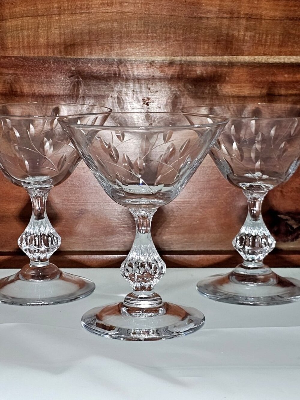 3 Duncan Miller Willow Champagne Coupes 4.75" clear cut crystal glasses 1950s